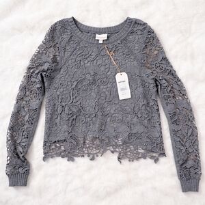 Shyanne Charcoal Lace Long Sleeve Top | Boho Western Crochet Lace Sweater Small
